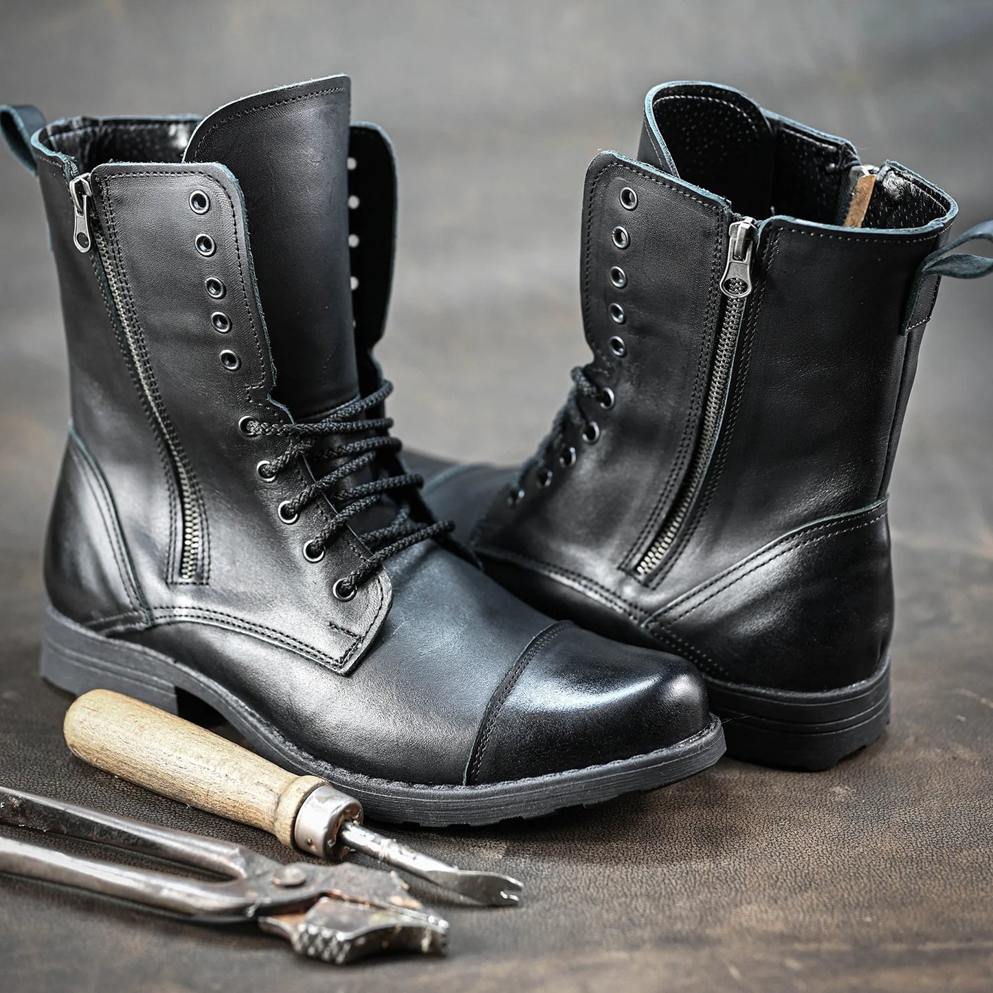 Skórzane męskie wysokie czarne sztyblety - Landon | Jordan Handmade Shoes