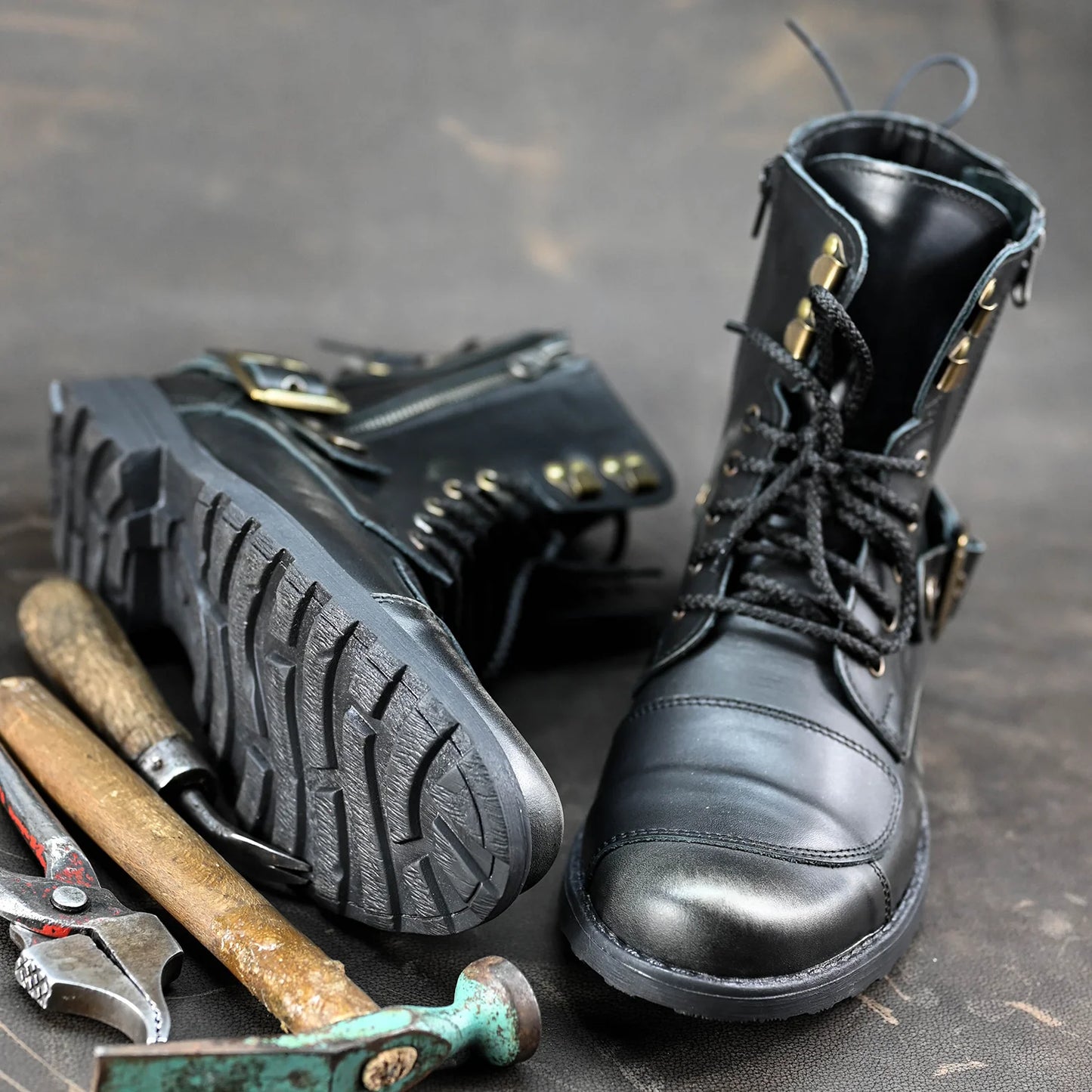 Czarne BS skórzane buty motocyklowe męskie – Chad | Jordan Handmade Shoes