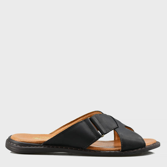 Czarne męskie skórzane klapki z paskami – Nero | Jordan Handmade Shoes