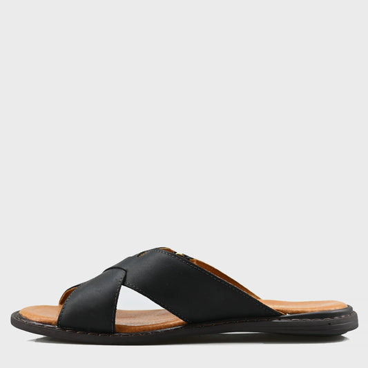 Czarne męskie skórzane klapki z paskami – Nero | Jordan Handmade Shoes