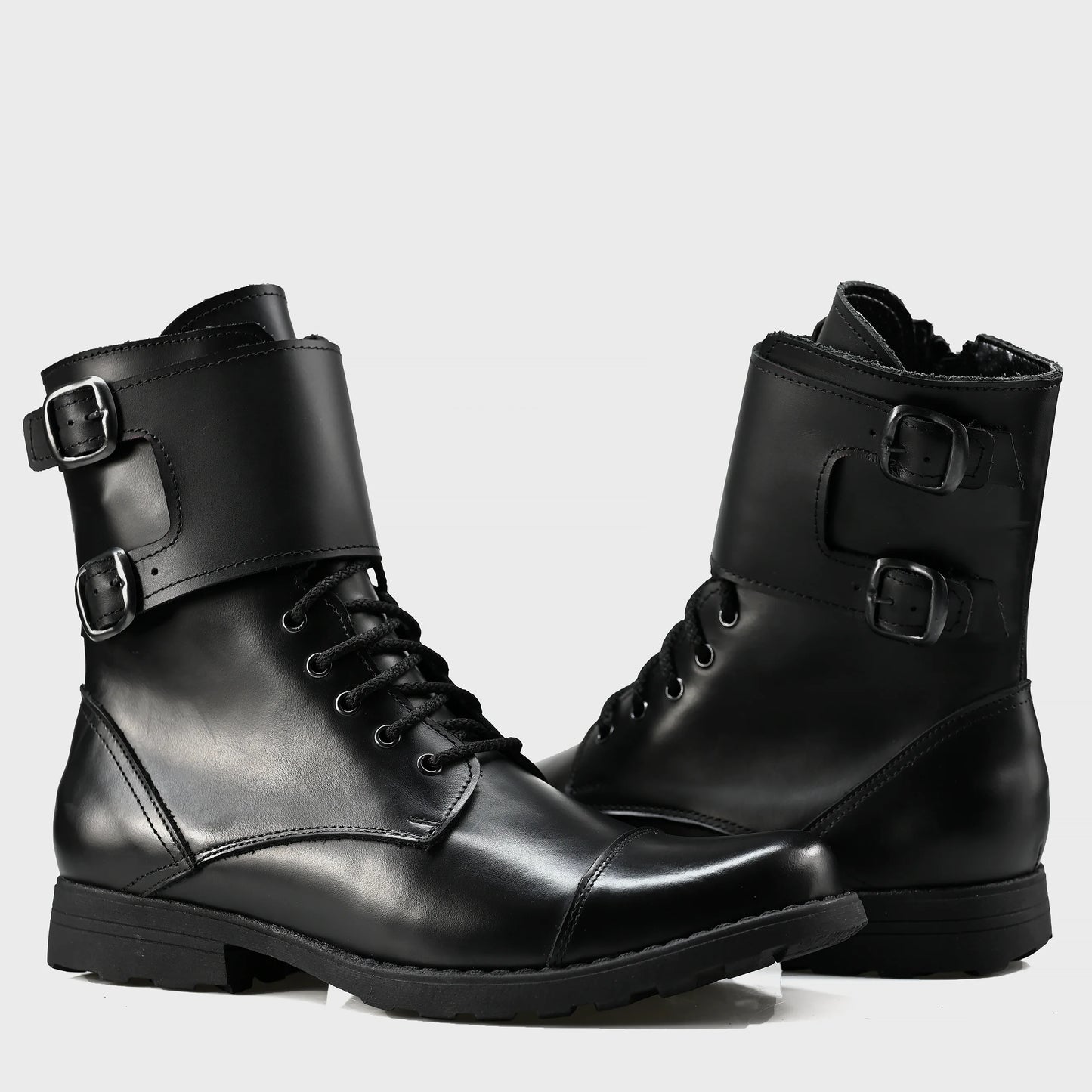 Skórzane męskie wysokie czarne buty z klamrami i zamkiem - Vanguard | Jordan Handmade Shoes