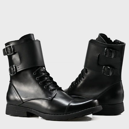 Skórzane męskie wysokie czarne buty z klamrami i zamkiem - Vanguard | Jordan Handmade Shoes