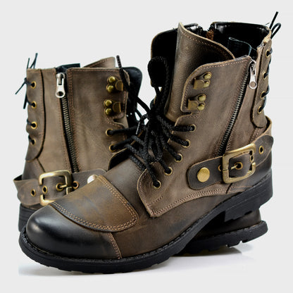 Brązowe skórzane buty motocyklowe męskie – Chad | Jordan Handmade Shoes