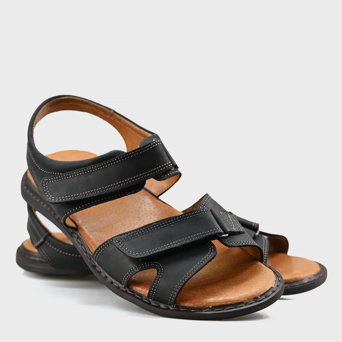 Czarne męskie skórzane sandały na rzepy – Lino | Jordan Handmade Shoes