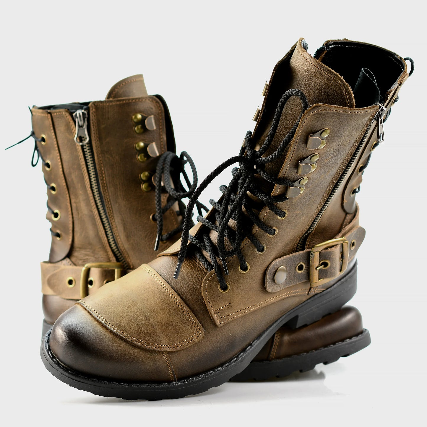 Brązowe skórzane buty motocyklowe męskie – Sonny | Jordan Handmade Shoes