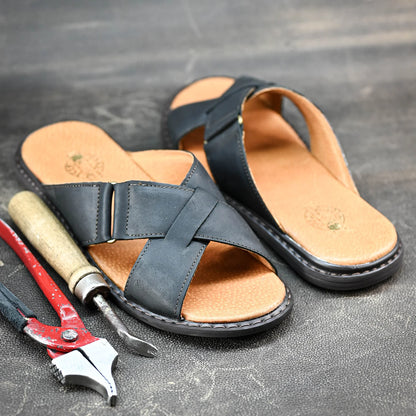 Czarne męskie skórzane klapki z paskami – Nero | Jordan Handmade Shoes