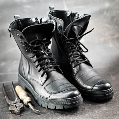 Buty Motocyklowe Męskie Gregory – Czarne Trzewiki Skórzane z Masywną Podeszwą | Jordan Handmade Shoes