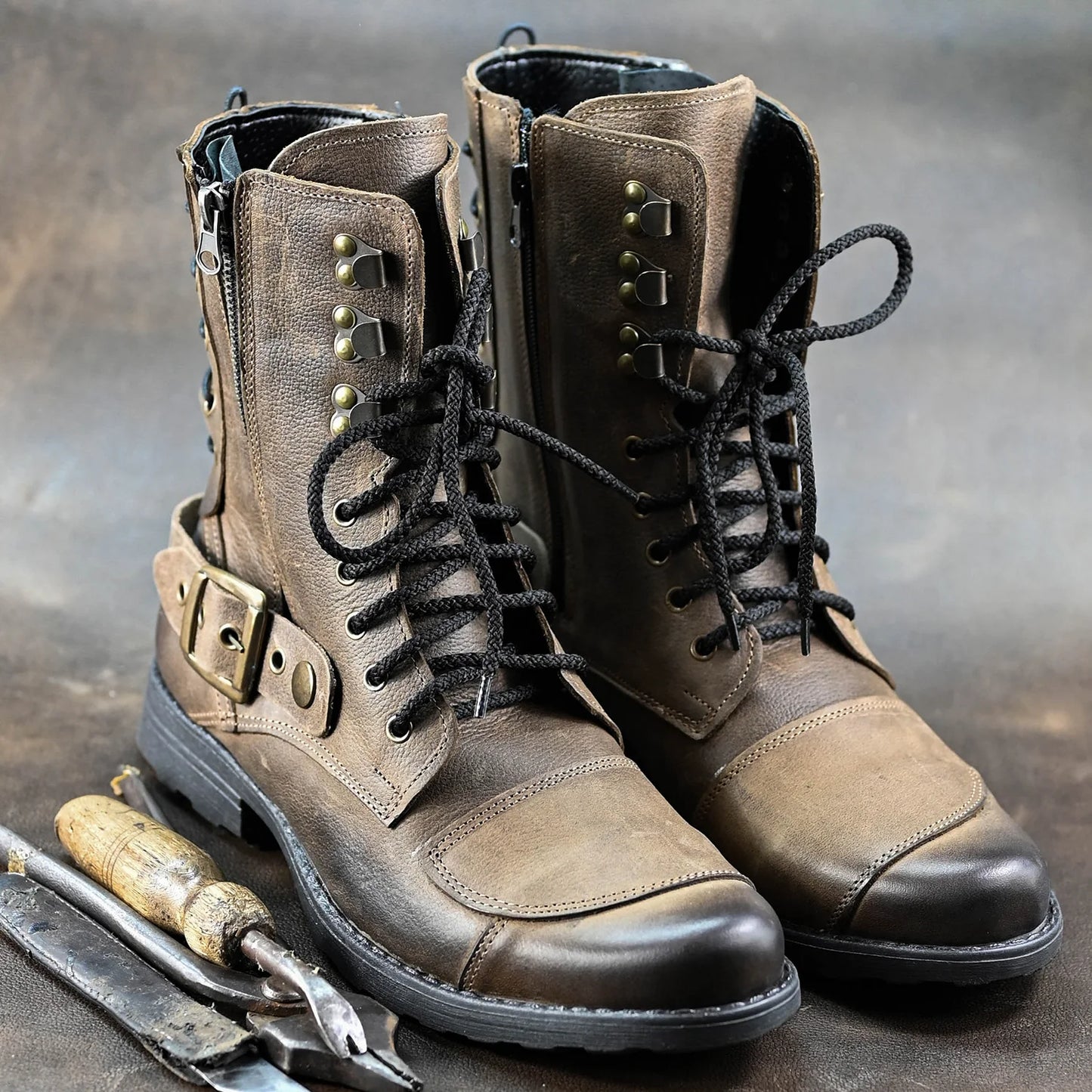 Brązowe skórzane buty motocyklowe męskie – Sonny | Jordan Handmade Shoes