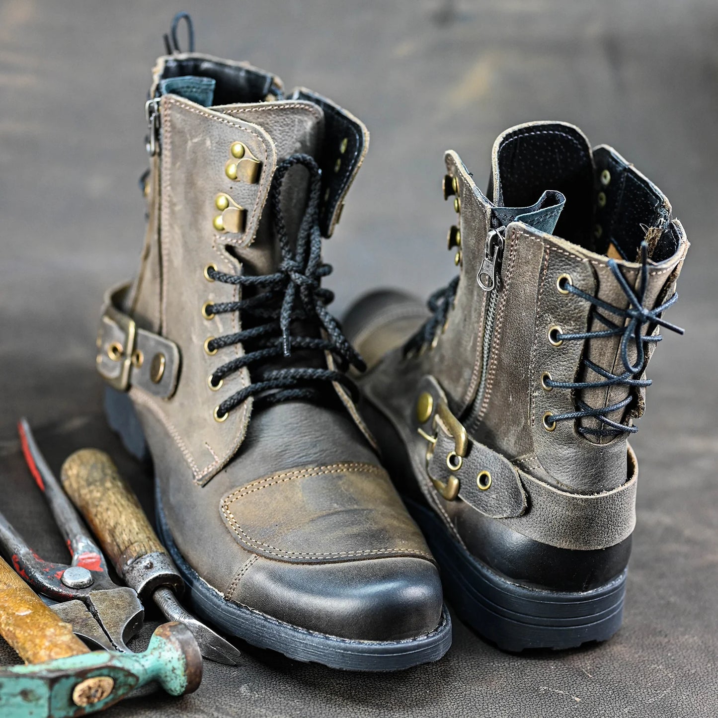 Brązowe skórzane buty motocyklowe męskie – Chad | Jordan Handmade Shoes