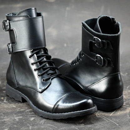 Skórzane męskie wysokie czarne buty z klamrami i zamkiem - Vanguard | Jordan Handmade Shoes