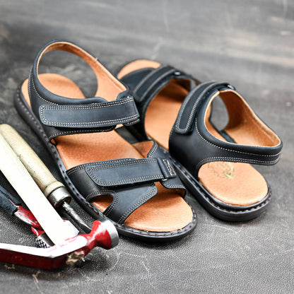 Czarne męskie skórzane sandały na rzepy – Lino | Jordan Handmade Shoes