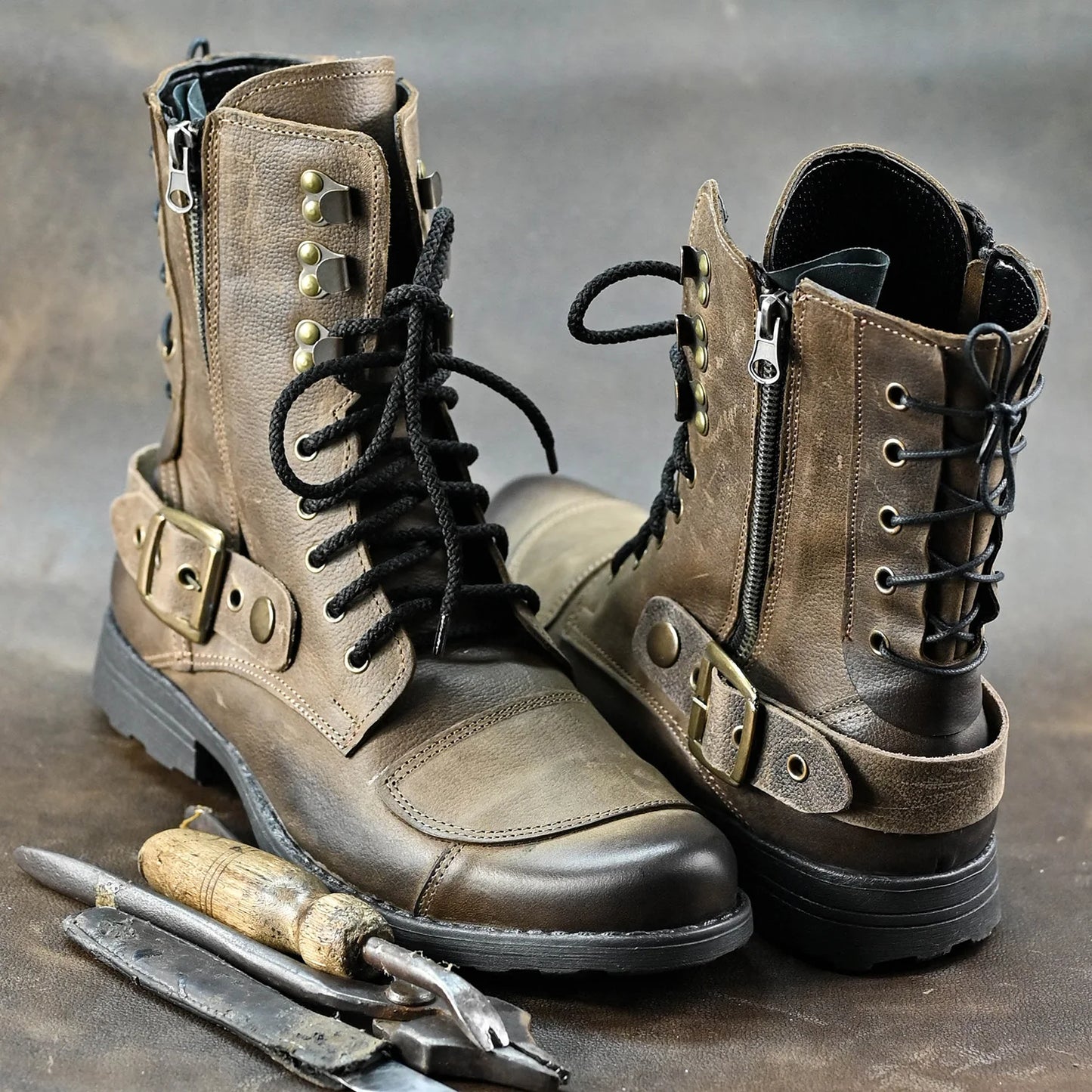 Brązowe skórzane buty motocyklowe męskie – Sonny | Jordan Handmade Shoes