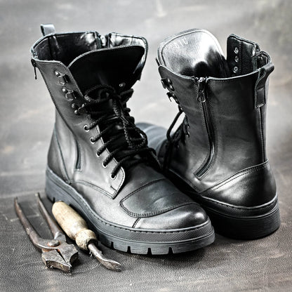 Buty Motocyklowe Męskie Gregory – Czarne Trzewiki Skórzane z Masywną Podeszwą | Jordan Handmade Shoes