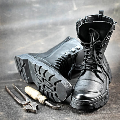 Buty Motocyklowe Męskie Gregory – Czarne Trzewiki Skórzane z Masywną Podeszwą | Jordan Handmade Shoes