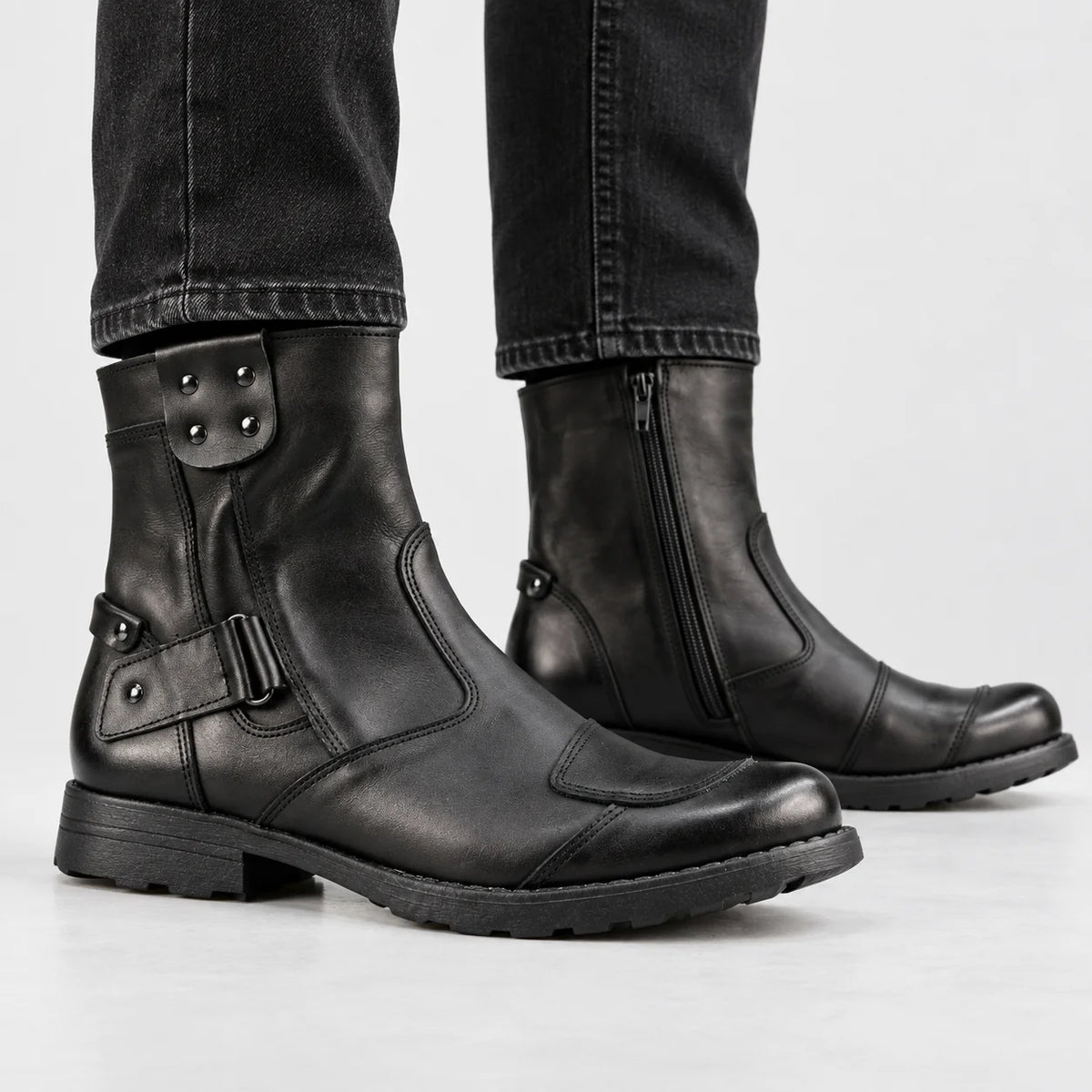 Czarne skórzane buty motocyklowe męskie - Bruce